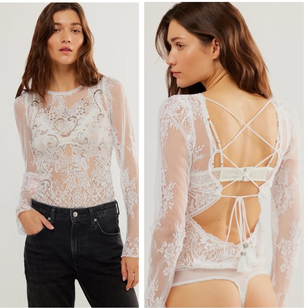 NWOT FREE PEOPLE Ready To Party Bodysuit White Embellished Lace Mesh